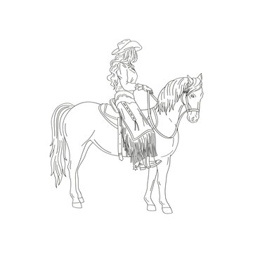 Beautiful cowgirl on horseback. Linear Vector illustration isolated on white. 