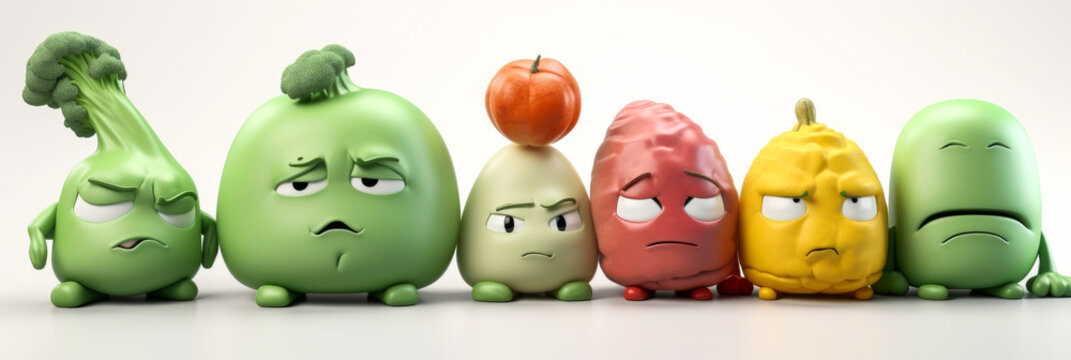 Sad vegetable characters in the form of cartoon mascot with eyes, arms & legs, perfect to evoke emotions. White background. Generative AI