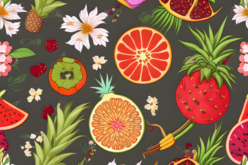 Abstract background with tropical fruits, flowers
and green leaves. Generative AI.