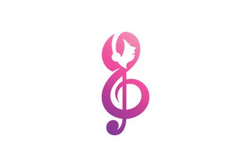 Musical clef flat style logo with people listening music