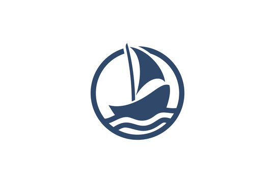sailing boat flat style logo with circle frame