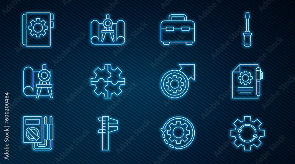 Poster set line gear and arrows as workflow, document settings pen, toolbox, graphing paper compass, user m