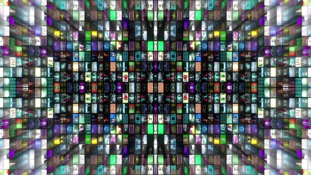 animation of collage animations for broadcast streaming background video in kaleidoscope look