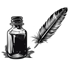 Feather Writing Quill with Bottle of Ink PNG | Clipart, Vector Graphics, Print Files | Black Silhouette, Contours. Generative AI