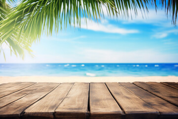 Empty rustic wood table in a tropical sunny beach with palms and blurred background, ai generative illustration