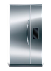 Gray vertical fridge for preserve food. Silver refrigerator with two doors. Modern cooler for home, products storage