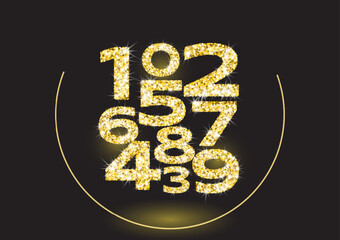 Realistic shining golden glitter numbers 1, 2, 3, 4, 5, 6, 7, 8, 9, 0. Set of isolated vector objects one, two, three, four, five, six, seven, eight, nine, zero for decoration, celebration design.