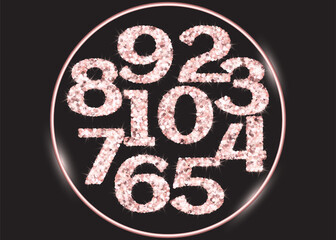 Realistic shining rose gold glitter numbers 1, 2, 3, 4, 5, 6, 7, 8, 9, 0. Set of isolated vector objects one, two, three, four, five, six, seven, eight, nine, zero for decoration, celebration design.