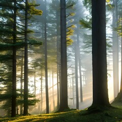 A misty forest landscape with a sunbeam shining through1, Generative AI
