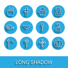 Set line Scythe, Neptune Trident, Halloween witch cauldron, Tombstone with cross, Pumpkin, Flying bat, Pirate hook and Magic wand icon. Vector