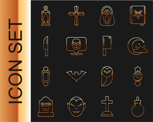 Set line Bomb ready to explode, Candy, Moon stars, Funny scary ghost mask, Skull, Knife, Camping lantern and Meat chopper icon. Vector