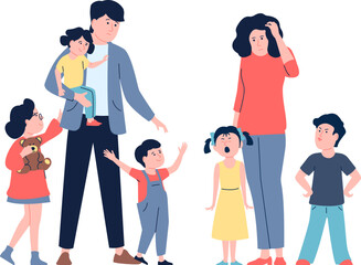 Large family, tired parents and children. Cartoon father and mother, happy and sad kids. Upbringing process, parenthood recent vector scene