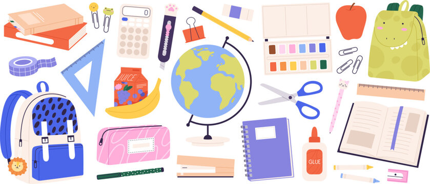 School accessories and tools. Stationery, watercolors and books. Isolated globe, pencil and children backpack. Trendy education racy vector set
