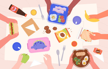 Children eating lunch together. Breakfast in school or kindergarten top view. Cute lunch boxes, food and drinks. Kid eating sandwich racy vector scene