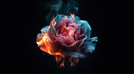 Aesthetic burning rose flower, realistic flame effect on dark background. Generative Ai