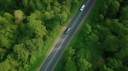 Aerial top view forest tree with car ecosystem environment concept&nbsp;Countryside road passing through the green forrest and mountain.