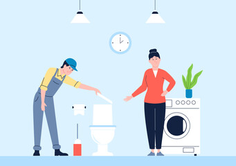 Bathroom renovation, toilet repair with repairman. Happy woman and plumber, flat home service worker vector scene