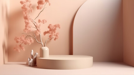 3D display podium, Pastel beige background with pedestal color stand and tree. Generative Ai