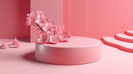 Fototapeta na wymiar Pink 3d podium on stone background with sakura pink flower. Generative Ai