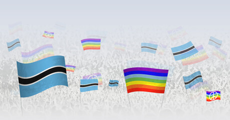 People waving Peace flags and flags of Botswana. Illustration of throng celebrating or protesting with flag of Botswana and the peace flag.