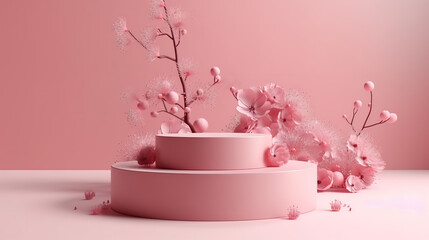 Pink podium and cherry blossom with white background for product presentation. Generative Ai