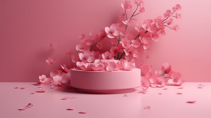 Fototapeta na wymiar Cosmetic or beauty product promotion step floral, pastel pedestal. Generative Ai