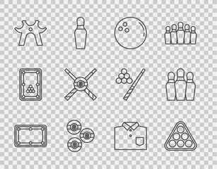 Set line Billiard table, balls in rack triangle, Bowling, rest, Crossed billiard cues and, shirt and pin icon. Vector