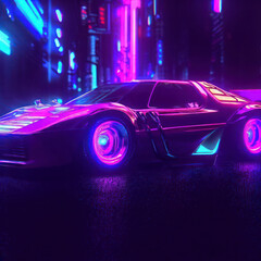 Futuristic synth-wave driving in the night in purple neon colors, generative AI illustration