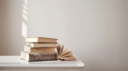 Books arrangement with copy space stack of books on table knowledge education background WORLD BOOK AND COPYRIGHT DAY