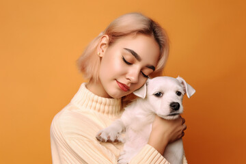 young attractive woman hugging dog in hands, color trendy background. Generative AI