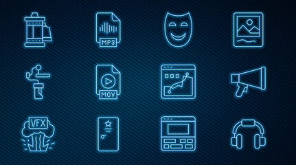 Set line Headphones, Megaphone, Comedy theatrical mask, MOV file document, Gimbal stabilizer for camera, Camera roll cartridge, Histogram graph photography and MP3 icon. Vector