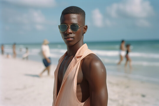 Young sporty African American man stands against the background of the ocean. Generative AI