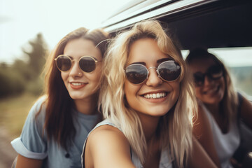 Portrait of young woman travel with her friends. Car trip. Generative AI