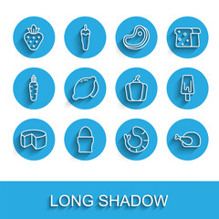 Set line Cheese, Chicken egg on stand, Strawberry, Shrimp, Roasted turkey or chicken, Lemon, Ice cream and Bell pepper icon. Vector