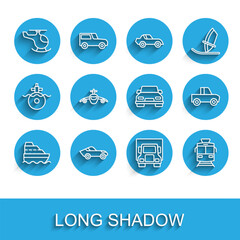 Set line Cruise ship, Car, Helicopter, Delivery cargo truck, Tram and railway, Plane, Pickup and icon. Vector