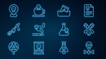 Set line Bones and skull, Bottle with potion, Radioactive waste in barrel, Cigarette, Poison the arrow, location, Beaker toxic liquid and Coffee cup icon. Vector