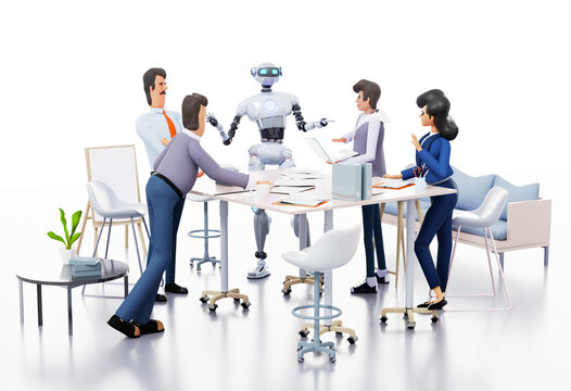 Group Of Business People Working By Big Desk With Robot, People And AI Working Together, Collaborating On A Project, Discussing New Ideas. 3D Rendering Illustration