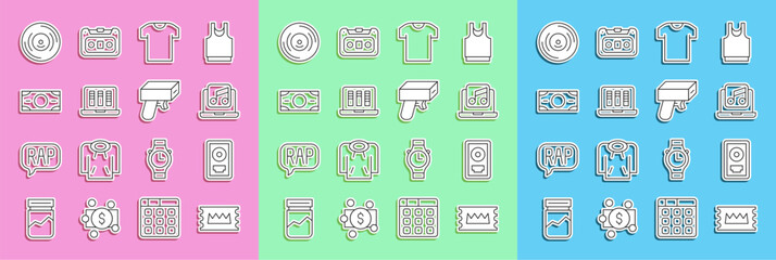 Set line Concert ticket, CD disk award in frame, Laptop with music, T-shirt, Sound or audio recorder, Stacks paper money cash, Vinyl and Money gun icon. Vector