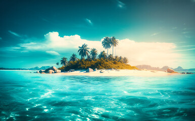 a photo of a tropical island with palm trees and the ocean