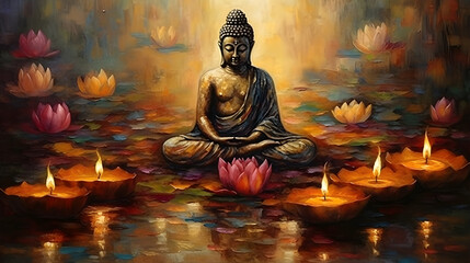oil painting of buddha statue with lotus flower and candle ornament ,generative ai