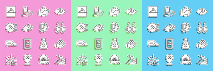 Set line Gold mining, bars hand, Earrings, nugget, Jewelry store, Diamond engagement box and icon. Vector