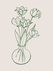 Flowers. Still life with tulips in a glass vase. Line art. Hand drawn in ink a freestyle. Artistic illustration. For poster, card, greetings, birthday, flower shop, print, template, background.
