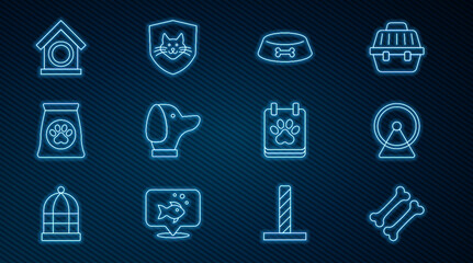 Set line Dog bone, Hamster wheel, Pet food bowl for cat or dog, Bag of pet, house, Calendar grooming and Animal health insurance icon. Vector