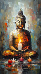 oil painting of buddha statue with lotus flower and candle ornament ,generative ai - obrazy, fototapety, plakaty