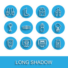 Set line Boxing training paws, helmet, Jump rope, ring, Energy drink, belt, glove and Fitness shaker icon. Vector