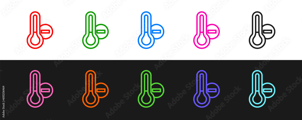 Poster set line meteorology thermometer measuring icon isolated on black and white background. thermometer 