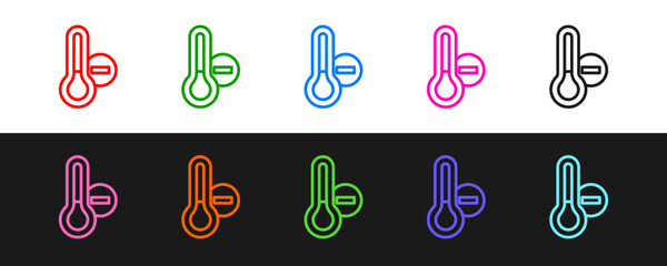 Set line Meteorology thermometer measuring icon isolated on black and white background. Thermometer equipment showing hot or cold weather. Vector