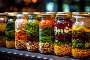 Fototapeta na wymiar glass jars filled with colorful layered salads, generative ai