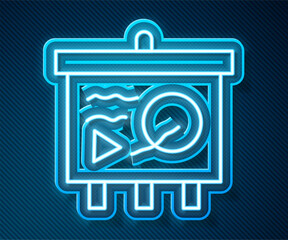 Glowing neon line Scenario on chalkboard icon isolated on blue background. Script reading concept for art project, films, theaters. Vector