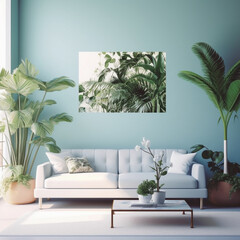 Sky blue wall paint living room with poster, sofa and couch, tropical plants Generative AI